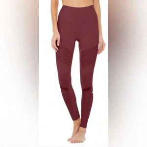 Woman ALO Maroon Red Moto High Rise Legging Pants Sz Small Mesh Insert